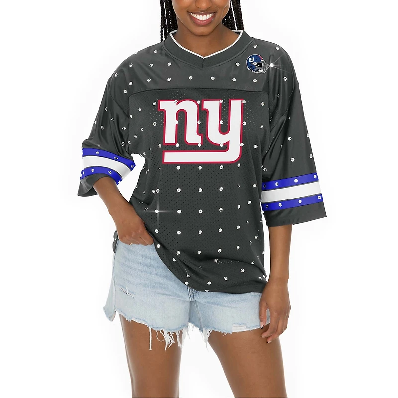 T-shirt à col en V jersey rayures sportives et strass pour femme Gameday Couture Anthracite New York Giants Kickoff Time