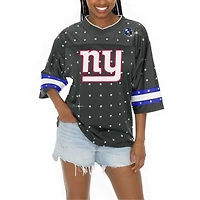 T-shirt à col en V jersey rayures sportives et strass pour femme Gameday Couture Anthracite New York Giants Kickoff Time