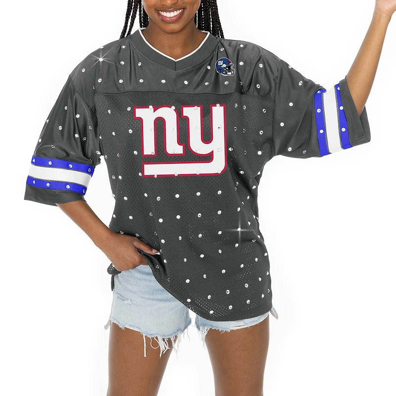 T-shirt à col en V jersey rayures sportives et strass pour femme Gameday Couture Anthracite New York Giants Kickoff Time