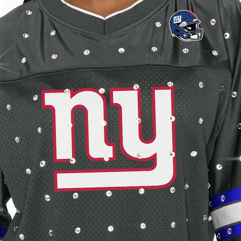 T-shirt à col en V jersey rayures sportives et strass pour femme Gameday Couture Anthracite New York Giants Kickoff Time