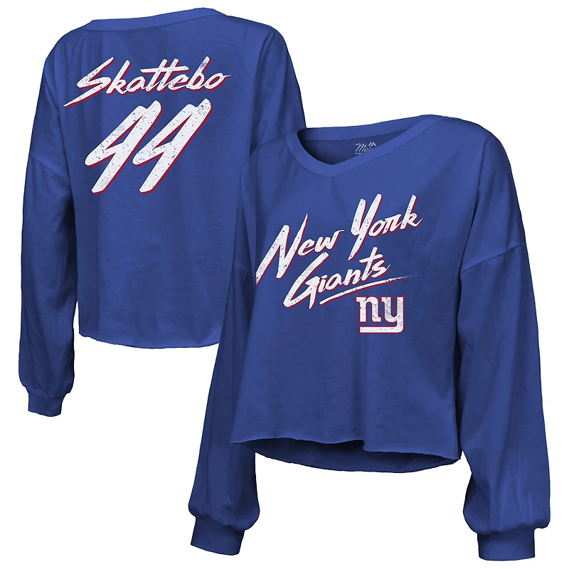 T-shirt à manches longues pour femme Majestic Threads Cam Skattebo Royal New York Giants avec nom et numéro en écriture cursive
