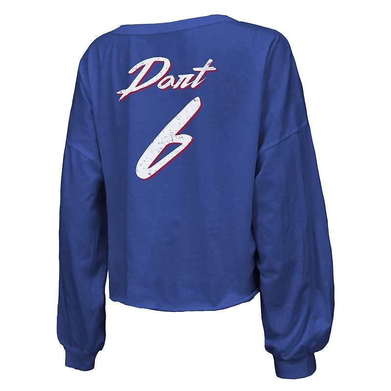 T-shirt à manches longues Majestic Threads Jaxson Dart Royal New York Giants pour femme, avec nom et numéro en écriture cursive.