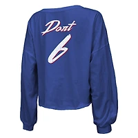 T-shirt à manches longues Majestic Threads Jaxson Dart Royal New York Giants pour femme, avec nom et numéro en écriture cursive.
