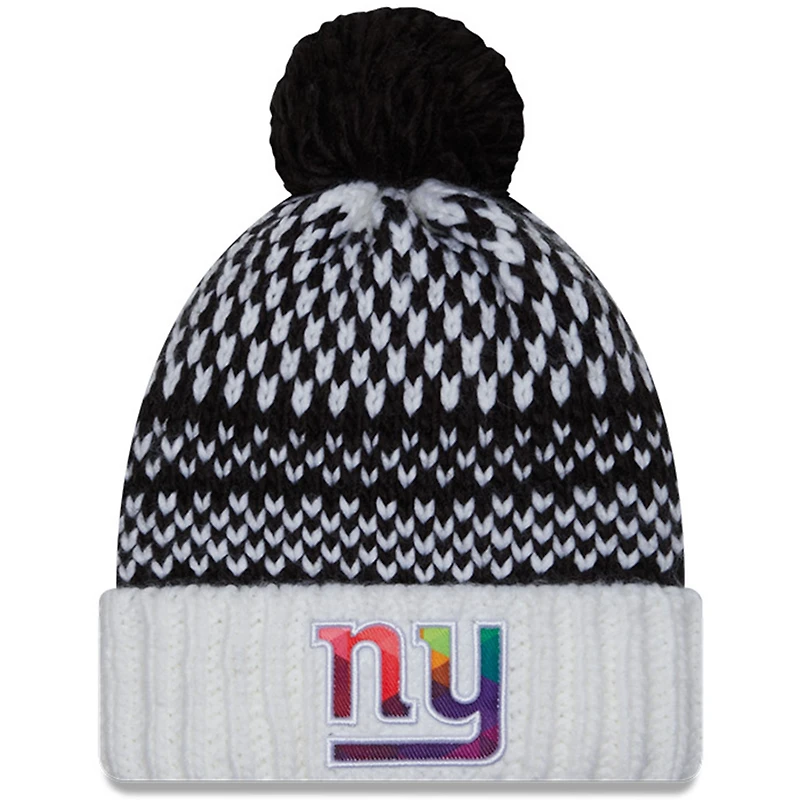 Bonnet en tricot à pompon à revers NFL Crucial Catch New Era pour femme, noir/blanc, New York Giants 2023