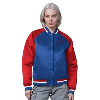 Veste universitaire vintage en satin à boutons-pression pour femme des New York Giants, bleu royal/rouge