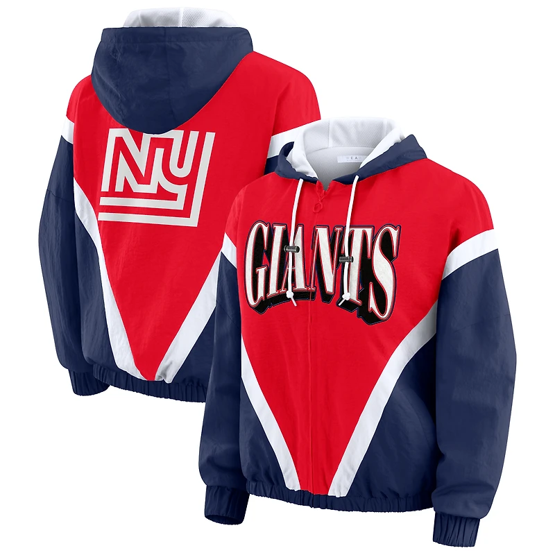 Women's WEAR by Erin Andrews Red/Royal New York Giants Retro Crinkle Full-Zip Hoodie Windbreaker