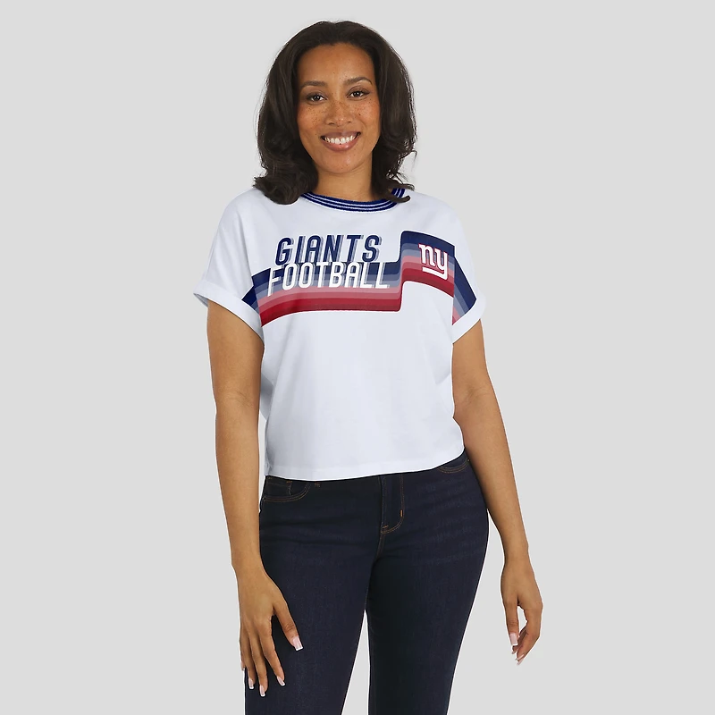 Women's WEAR by Erin Andrews White New York Giants Cropped Center Stripe Dolman T-Shirt