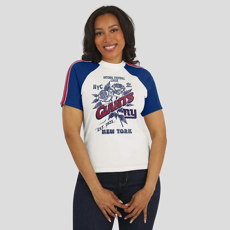 Women's WEAR by Erin Andrews White New York Giants Sleeve Stripe Distressed Raglan T-Shirt