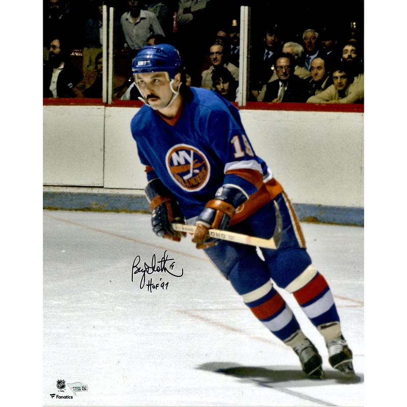 Bryan Trottier New York Islanders Autographed 16" x 20" Blue Jersey Skating Photograph with "HOF 97" Inscription