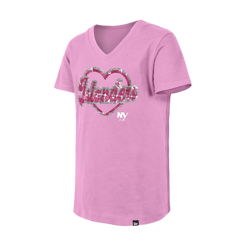 T-shirt à col en V sequins roses New York Islanders de Era pour fille