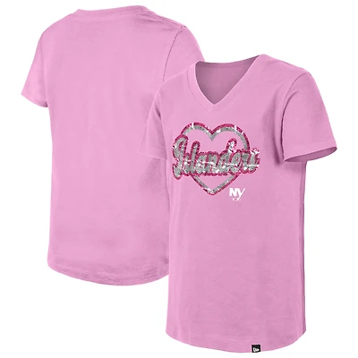 Girl's Youth New Era  Pink York Islanders Flip Sequin V-Neck T-Shirt