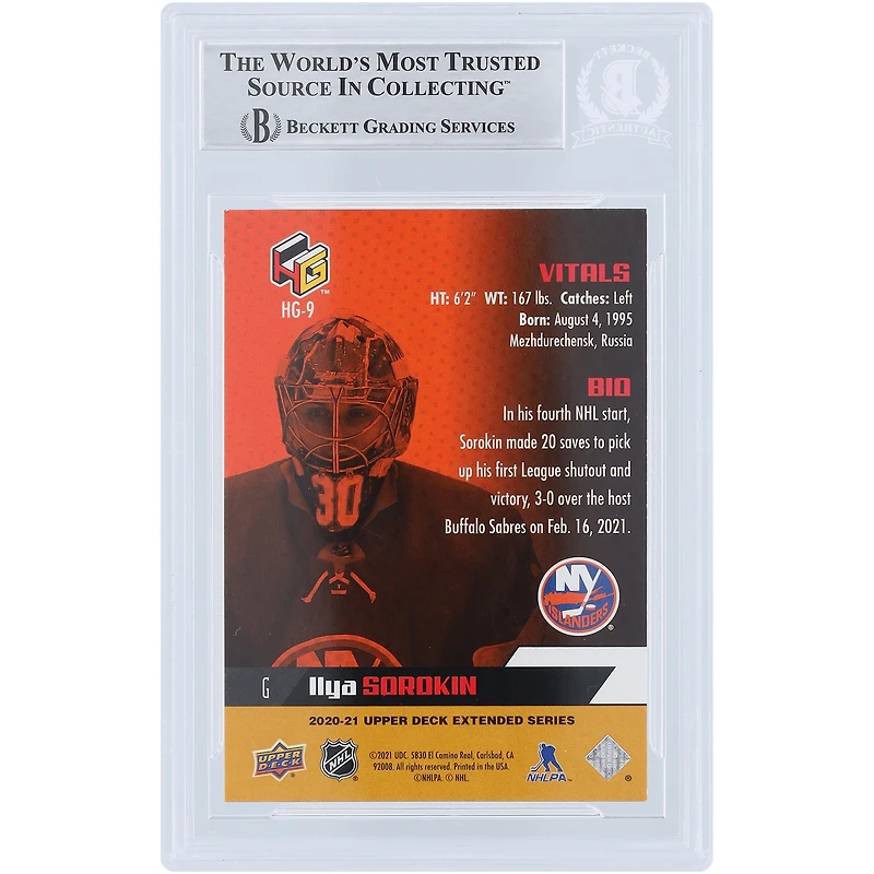 Carte de recrue authentifiée dédicacée par Ilya Sorokin des Islanders de New York 2020-21 Upper Deck HoloGRFX Gold #HG-9 Beckett Fanatics Witnessed