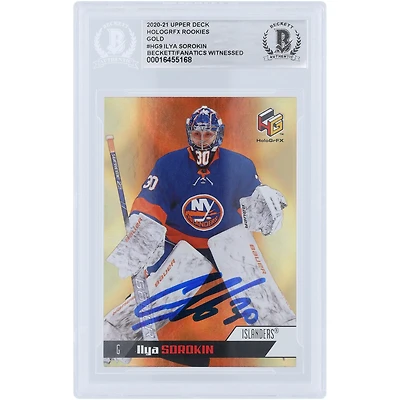 Carte de recrue authentifiée dédicacée par Ilya Sorokin des Islanders de New York 2020-21 Upper Deck HoloGRFX Gold #HG-9 Beckett Fanatics Witnessed