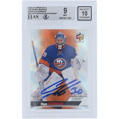 Carte de recrue 9/10 authentifiée 2020-21 Upper Deck HoloGrFX #HG-9 signée Ilya Sorokin par les Islanders de New York