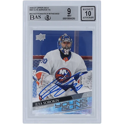 Carte de recrue 9/10 autographiée par Ilya Sorokin des Islanders de New York, Upper Deck Series 2 Young Guns #461 Beckett Fanatics, témoin
