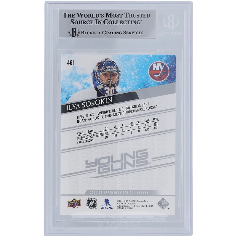 Carte de recrue authentifiée autographiée par Ilya Sorokin des Islanders de New York 2020-21 Upper Deck Series 2 Young Guns #461 Beckett Fanatics