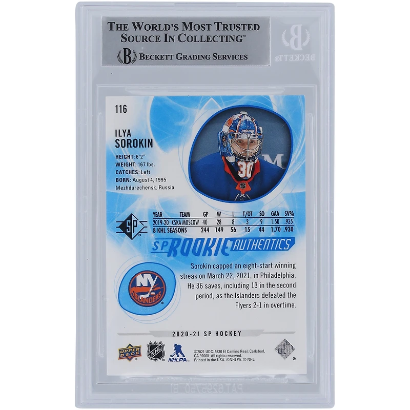 Carte de recrue authentifiée dédicacée par Ilya Sorokin des Islanders de New York 2020-21 Upper Deck SP Blue #116 Beckett Fanatics