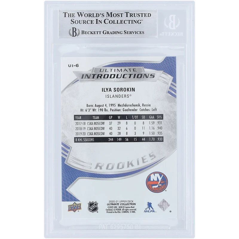 Carte de recrue authentifiée autographiée par Ilya Sorokin des Islanders de New York 2020-21 Upper Deck Ultimate Collection Introductions #UI-6 Beckett Fanatics Witnessed