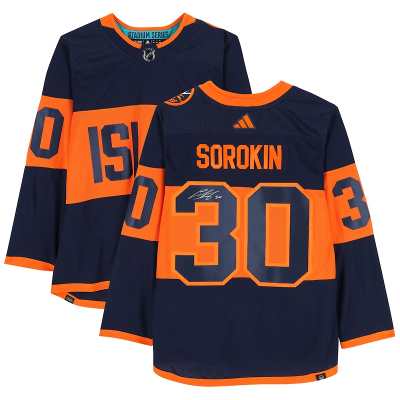 Maillot adidas authentique dédicacé par Ilya Sorokin des Islanders de New York pour la Stadium Series 2024
