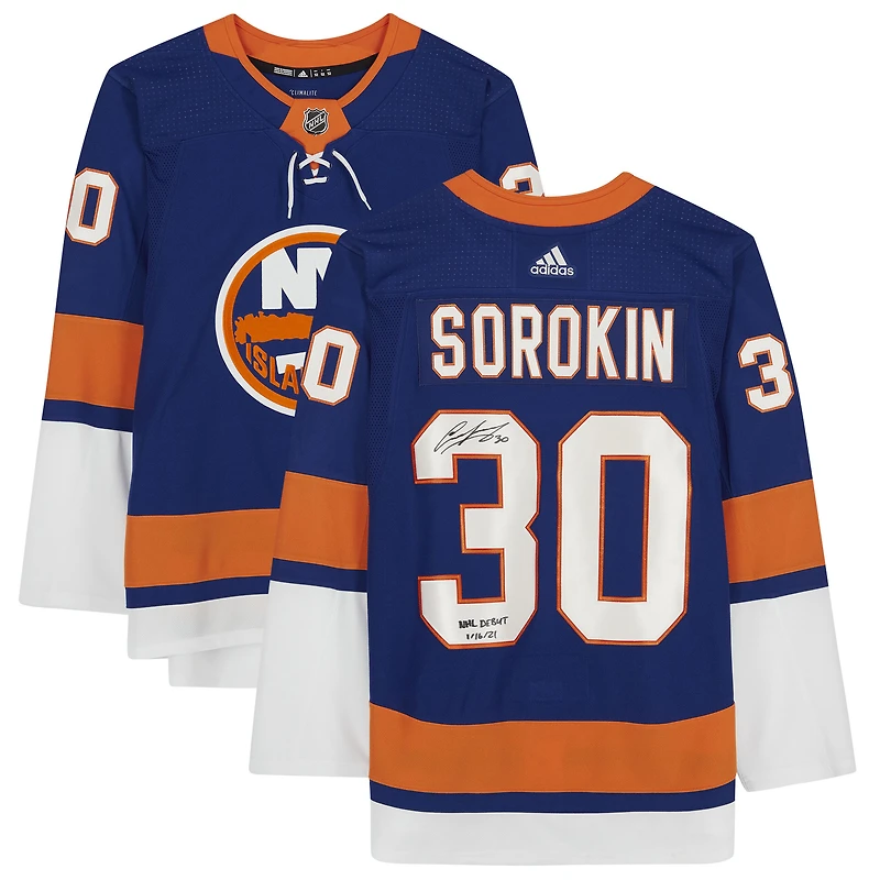 Maillot Adidas bleu authentique autographié par Ilya Sorokin des Islanders de New York avec l'inscription « NHL Debut 1/16/21 »