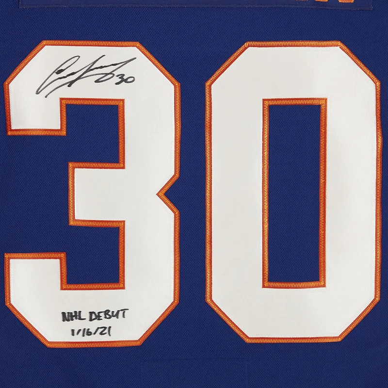 Maillot Adidas bleu authentique autographié par Ilya Sorokin des Islanders de New York avec l'inscription « NHL Debut 1/16/21 »