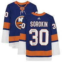 Maillot Adidas bleu authentique autographié par Ilya Sorokin des Islanders de New York avec l'inscription « NHL Debut 1/16/21 »