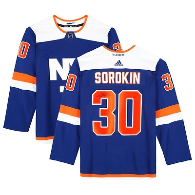 Maillot authentique Adidas bleu alternatif autographié par Ilya Sorokin des Islanders de New York