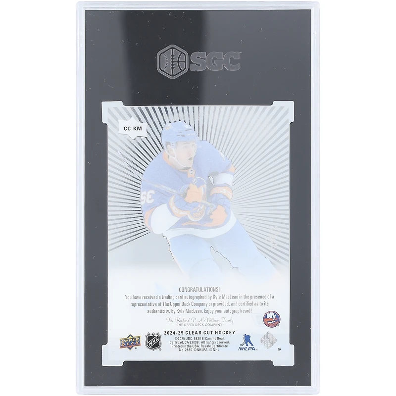 Carte de recrue autographiée de Kyle MacLean, New York Islanders, saison 2024-25, Upper Deck Clear Cut Gold Outburst #CC-KM #1/1, authentifiée SGC 10/10