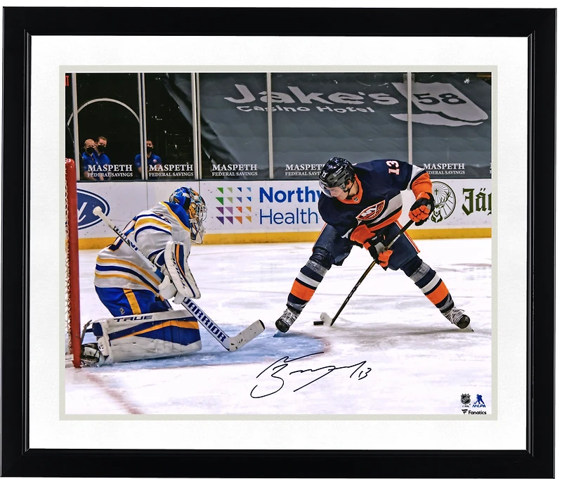 Mathew Barzal New York Islanders Autographed 16" x 20" Goal Between The Legs vs. Buffalo Sabres Photograph