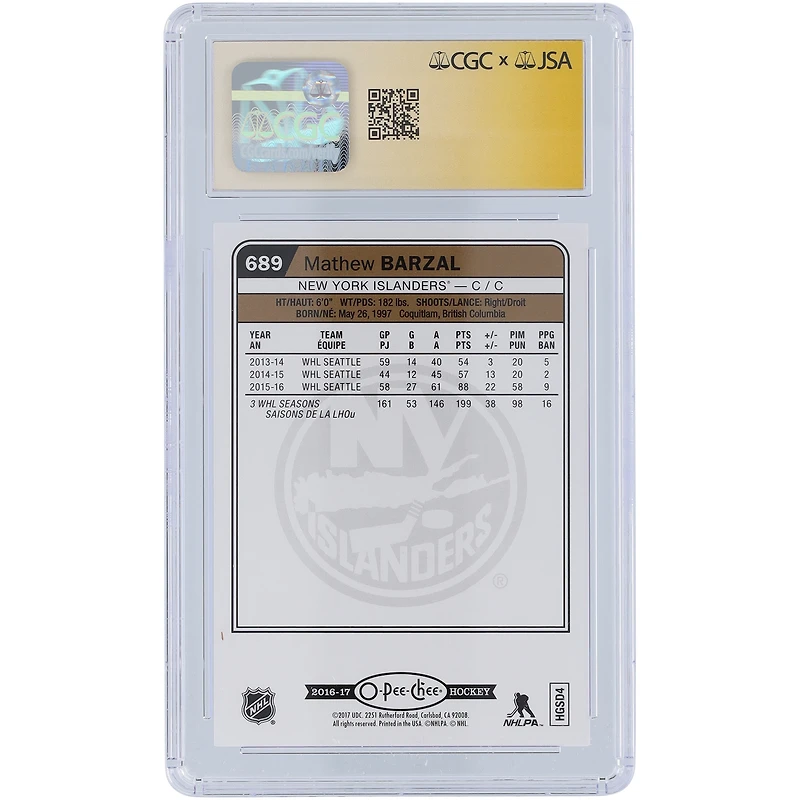 Mathew Barzal des Islanders de New York a autographié la carte de recrue autographe Upper Deck O-Pee-Chee 2016-17 Rainbow #689 des fanatiques de CGC. Les recrues ont été témoins de la carte authentifiée Auto 10.