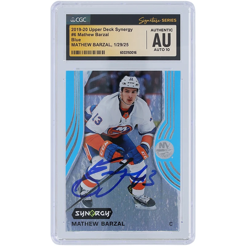 Carte autographiée Mathew Barzal des Islanders de New York 2019-20 Upper Deck Synergy Blue #6 CGC Fanatics Witnessed Authenticated Auto 10