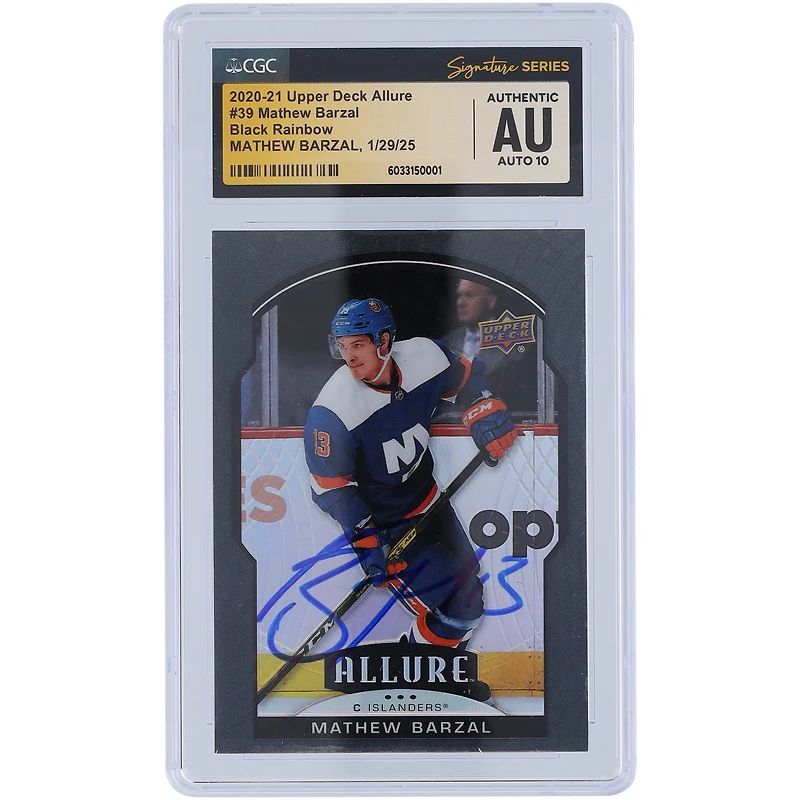 Carte autographiée Mathew Barzal des Islanders de New York 2020-21 Upper Deck Allure Rainbow #39 CGC Fanatics Witnessed Authenticated Auto 10