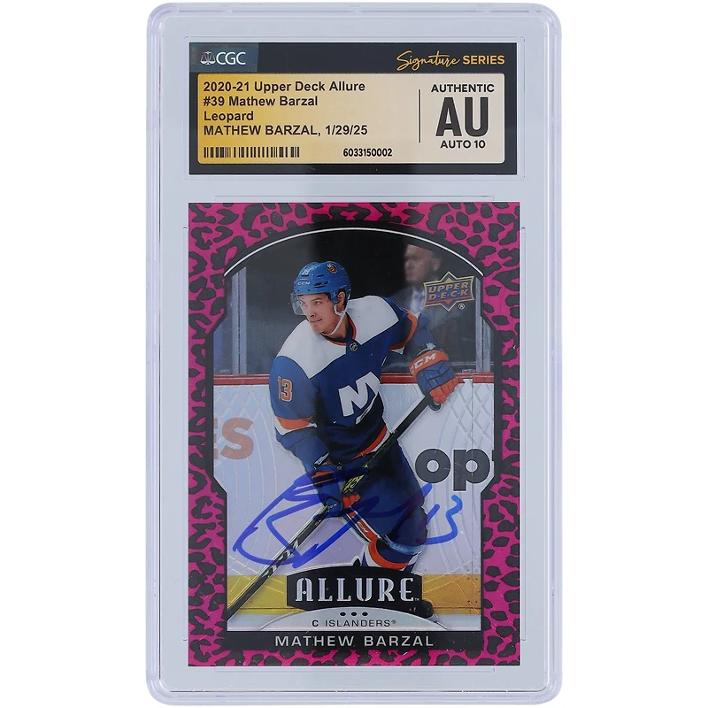 Carte autographiée 2020-21 Upper Deck Allure Leopard #39 de Mathew Barzal des Islanders de New York, carte autographe authentifiée CGC Fanatics Witnessed Auto 10