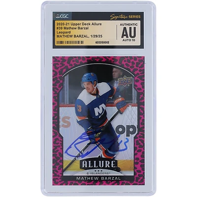 Carte autographiée 2020-21 Upper Deck Allure Leopard #39 de Mathew Barzal des Islanders de New York, carte autographe authentifiée CGC Fanatics Witnessed Auto 10