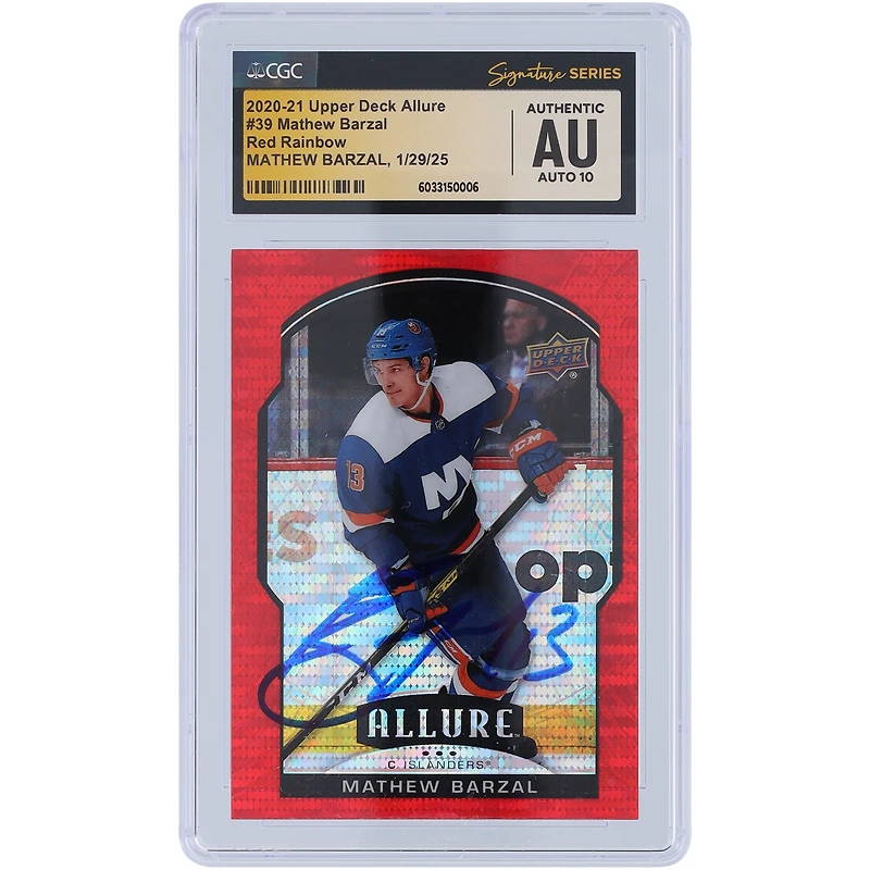 Carte autographiée Mathew Barzal des Islanders de New York 2020-21 Upper Deck Allure Red Rainbow #39 CGC Fanatics Witnessed Authenticated Auto 10