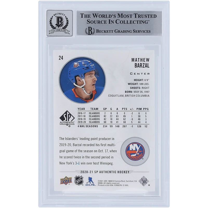 Carte autographiée 2020-21 Upper Deck SP Authentic #24 Beckett Fanatics Witnessed New York Islanders 10