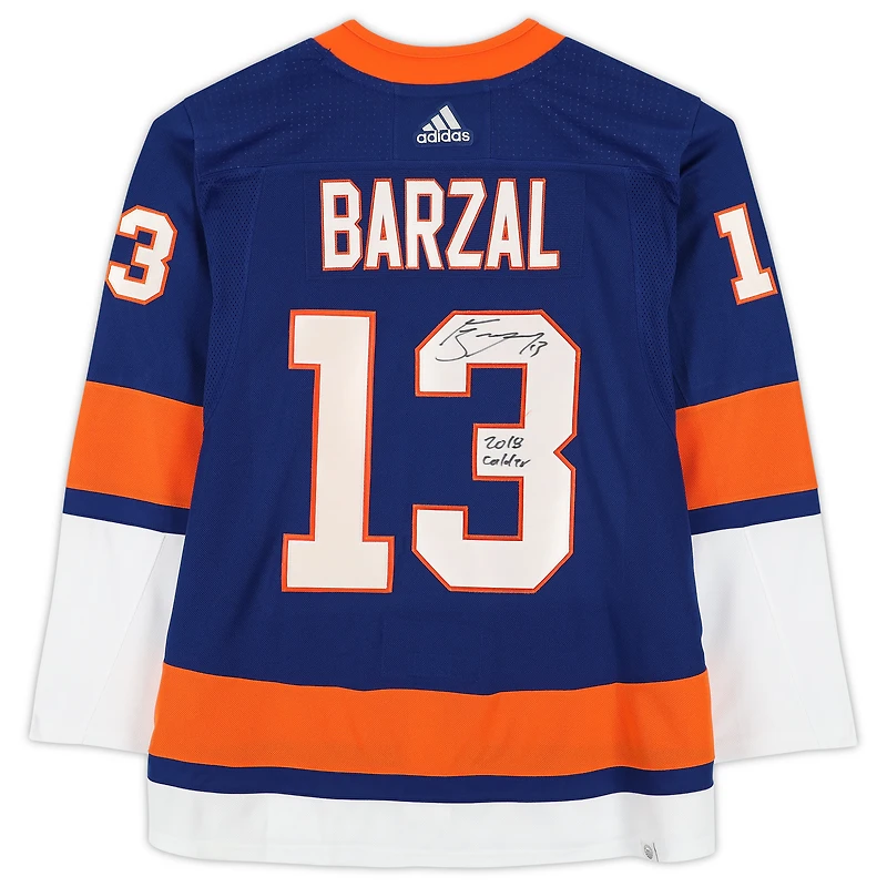 Mathew Barzal Maillot authentique Adidas bleu autographié des Islanders de New York avec inscription « 2018 Calder »