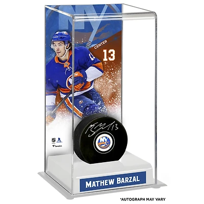 Mathew Barzal New York Islanders Autographed Puck with Deluxe Tall Hockey Puck Case