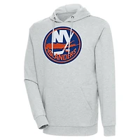 Men's Antigua Heather Gray New York Islanders Logo Action Chenille Pullover Hoodie