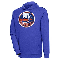 Men's Antigua Heather Gray New York Islanders Logo Action Chenille Pullover Hoodie