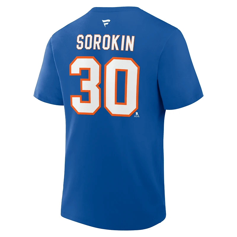 T-shirt authentique pour homme Fanatics Ilya Sorokin Royal New York Islanders avec nom et numéro Stack