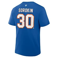 T-shirt authentique pour homme Fanatics Ilya Sorokin Royal New York Islanders avec nom et numéro Stack