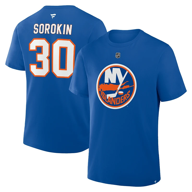 T-shirt authentique pour homme Fanatics Ilya Sorokin Royal New York Islanders avec nom et numéro Stack