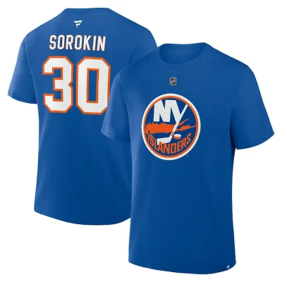T-shirt authentique pour homme Fanatics Ilya Sorokin Royal New York Islanders avec nom et numéro Stack