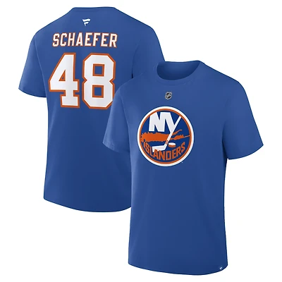 T-shirt authentique Fanatics Matthew Schaefer des Royal New York Islanders pour homme, avec nom et numéro superposés