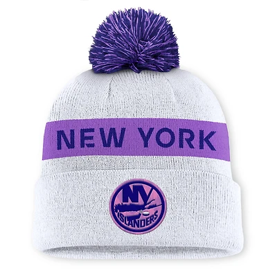 Men's Fanatics White New York Islanders Hockey Fights Cancer Cuffed Knit Hat with Pom