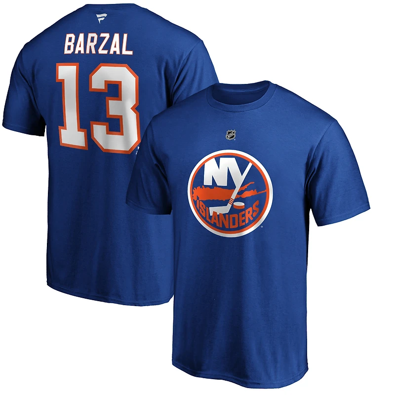 T-shirt authentique Mathew Barzal des Royal New York Islanders pour homme, avec nom et numéro superposés