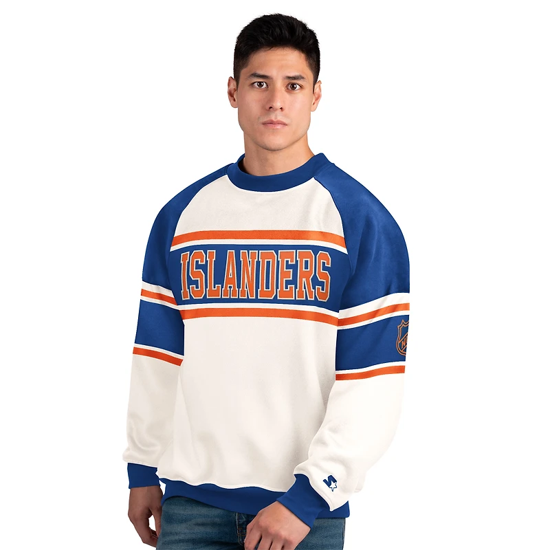 Men's Starter  White New York Islanders Defense Fleece Crewneck Sweatshirt