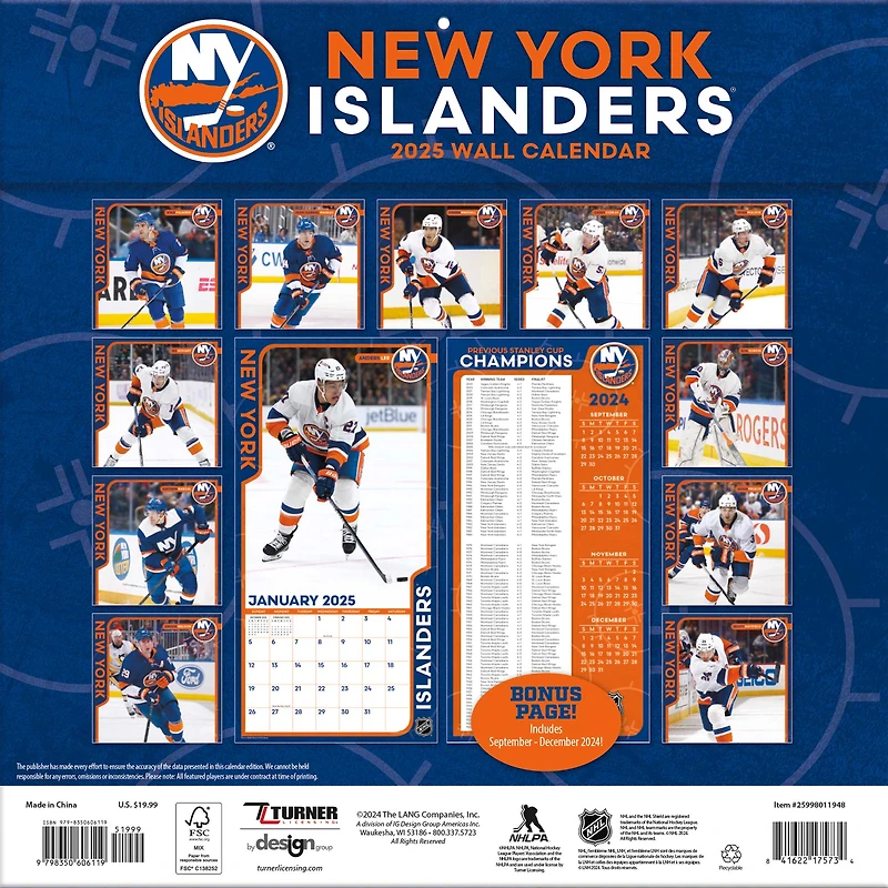 Calendrier mural de l'équipe des Islanders de New York 2024-2025 12" x 12"