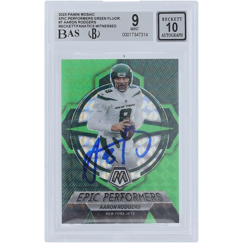 Aaron Rodgers New York Jets Autographed 2023 Panini Mosaic Green Fluorescent Epic Performers Mosaic #EP-AR #10/10 Beckett Fanatics Witnessed Authenticated 9/10 Card